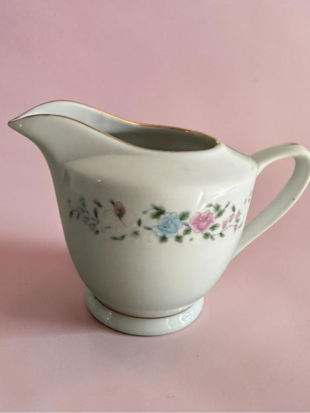 Classic Floral Porcelain Creamer Jug in White with Pink & Blue Accents